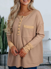 Waffle Textured Tunic Henley Top with Slits Dark Khaki / S