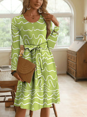 Wave Print Long Sleeve Tie Waist Dress Lime / S