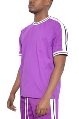 WEIV Men's Full Size Striped Tape Short Sleeve T-Shirt Plus Size PURPLE / S