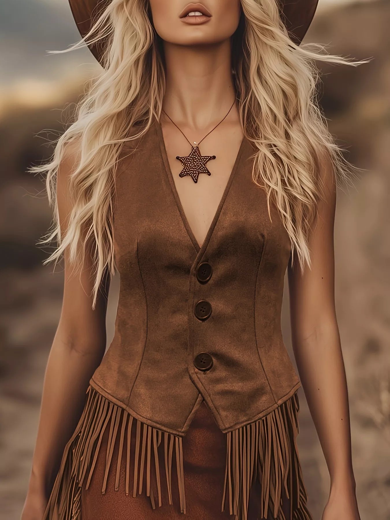 Western Fringe Vest Coat Dark Brown / S