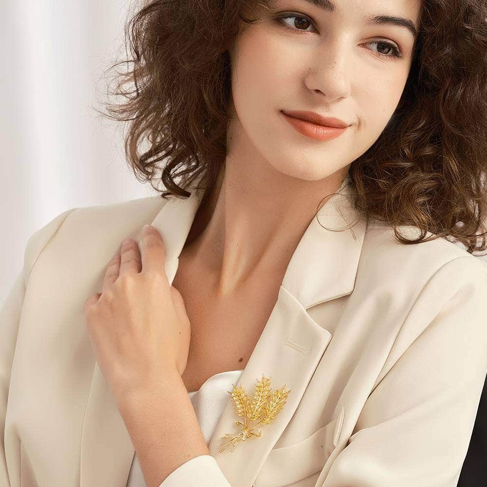 Wheat Ear Crystal-Embedded Brooch Gold