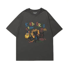Whimsical "KIND GROU" Cartoon Character Graphic Print T-Shirt US 4 / Black