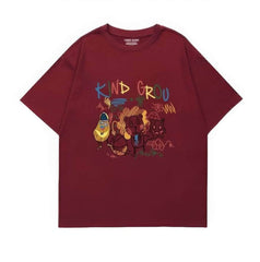 Whimsical "KIND GROU" Cartoon Character Graphic Print T-Shirt US 4 / Maroon