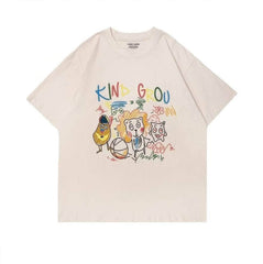 Whimsical "KIND GROU" Cartoon Character Graphic Print T-Shirt US 4 / PapayaWhip
