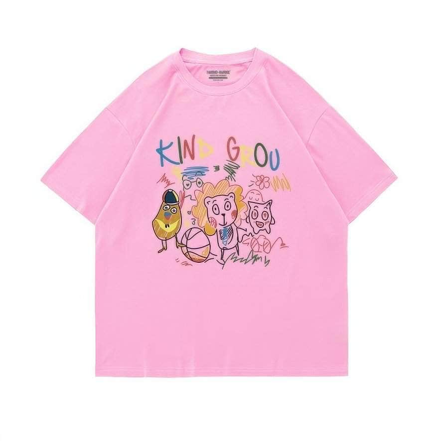Whimsical "KIND GROU" Cartoon Character Graphic Print T-Shirt US 4 / Pink