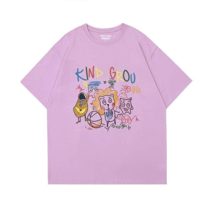 Whimsical "KIND GROU" Cartoon Character Graphic Print T-Shirt US 4 / Plum