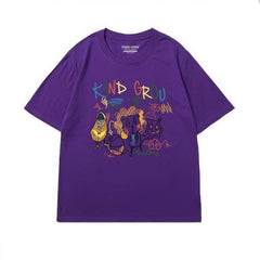Whimsical "KIND GROU" Cartoon Character Graphic Print T-Shirt US 4 / Purple