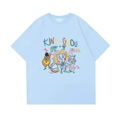 Whimsical "KIND GROU" Cartoon Character Graphic Print T-Shirt US 4 / SkyBlue