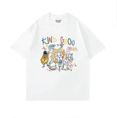 Whimsical "KIND GROU" Cartoon Character Graphic Print T-Shirt US 4 / White