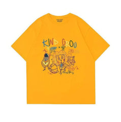 Whimsical "KIND GROU" Cartoon Character Graphic Print T-Shirt US 4 / Yellow