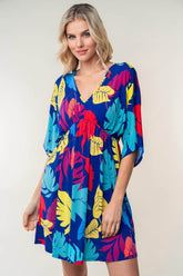 White Birch Full Size Printed V-Neck Mini Dress Multi / S