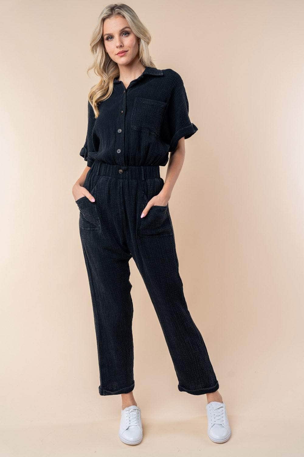 White Birch Texture Short Sleeve Jumpsuit Black / S