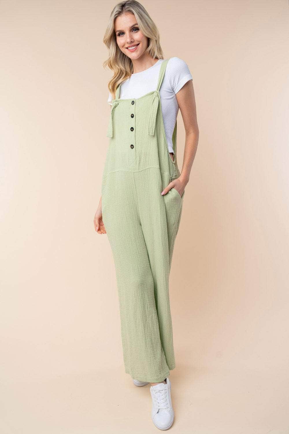 White Birch Texture Sleeveless Wide Leg Jumpsuit Sage / S