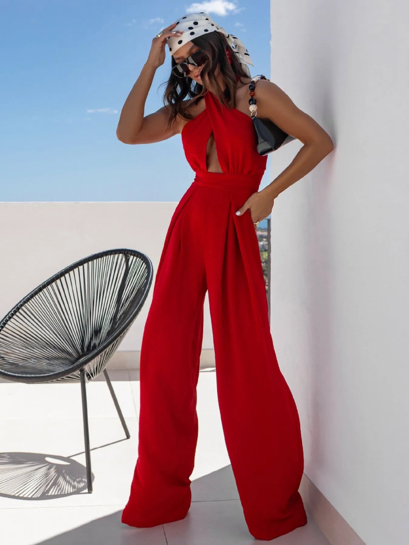 Wide Leg Cutout Halter Neck Jumpsuit