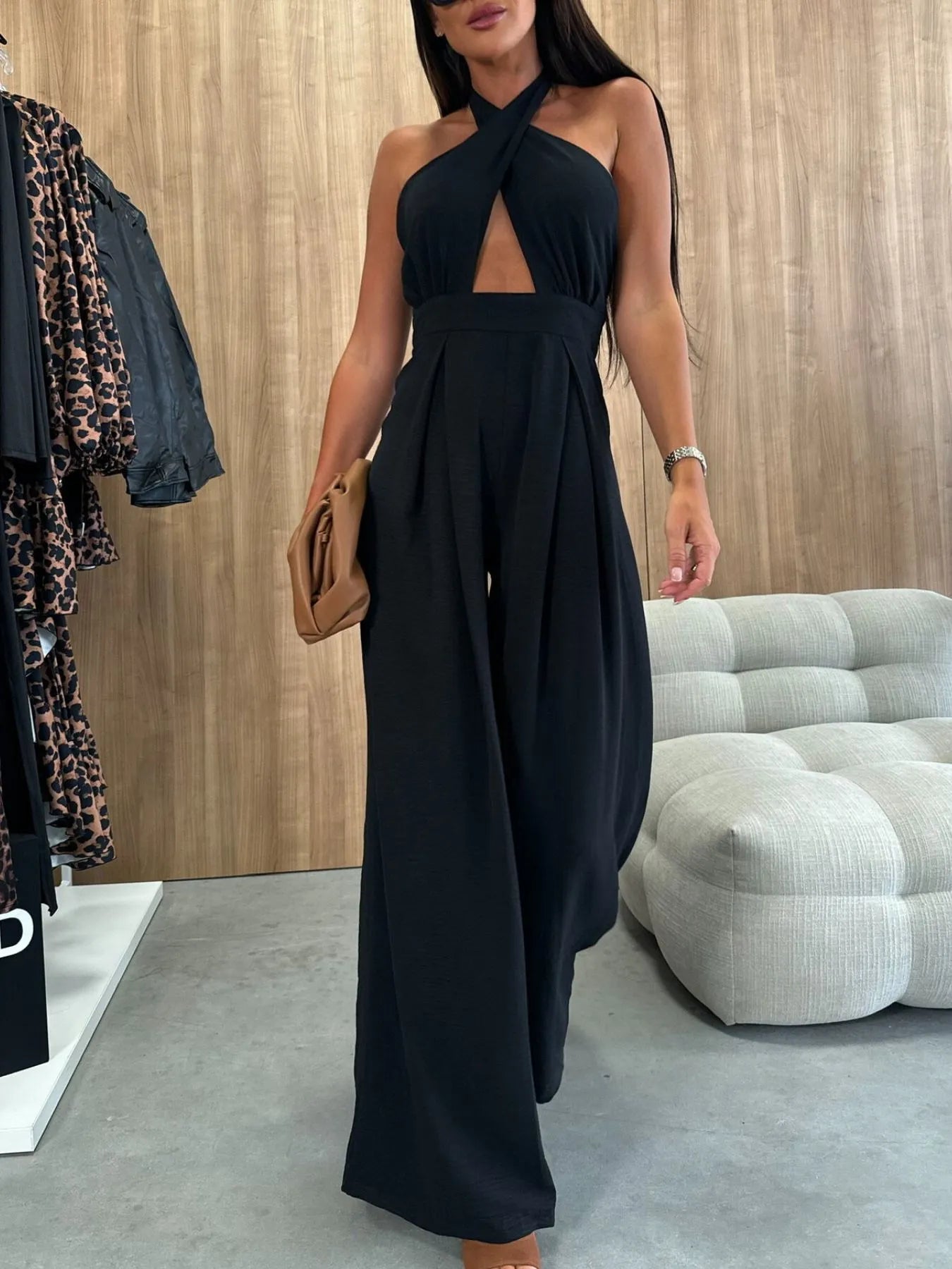Wide Leg Cutout Halter Neck Jumpsuit Black / S