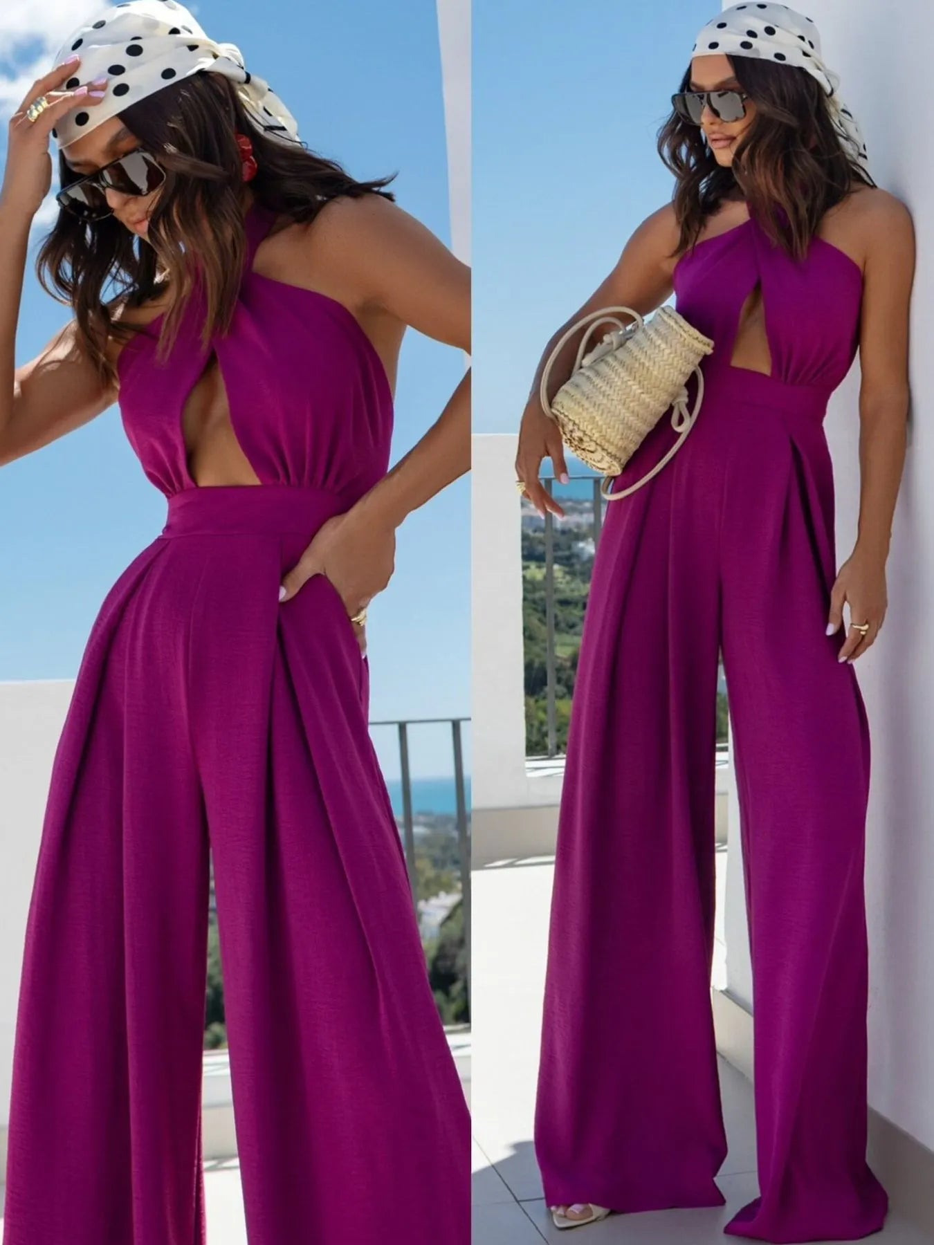 Wide Leg Cutout Halter Neck Jumpsuit Purple / S