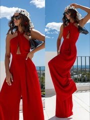 Wide Leg Cutout Halter Neck Jumpsuit Red / S