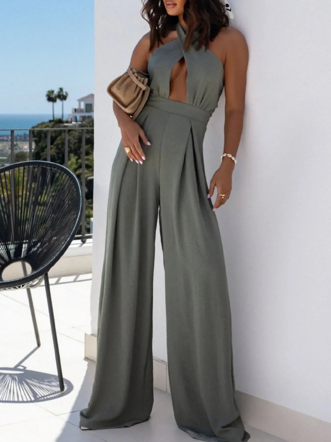 Wide Leg Cutout Halter Neck Jumpsuit Sage / S