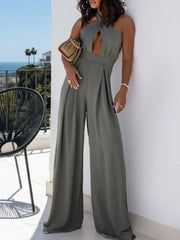 Wide Leg Cutout Halter Neck Jumpsuit Sage / S