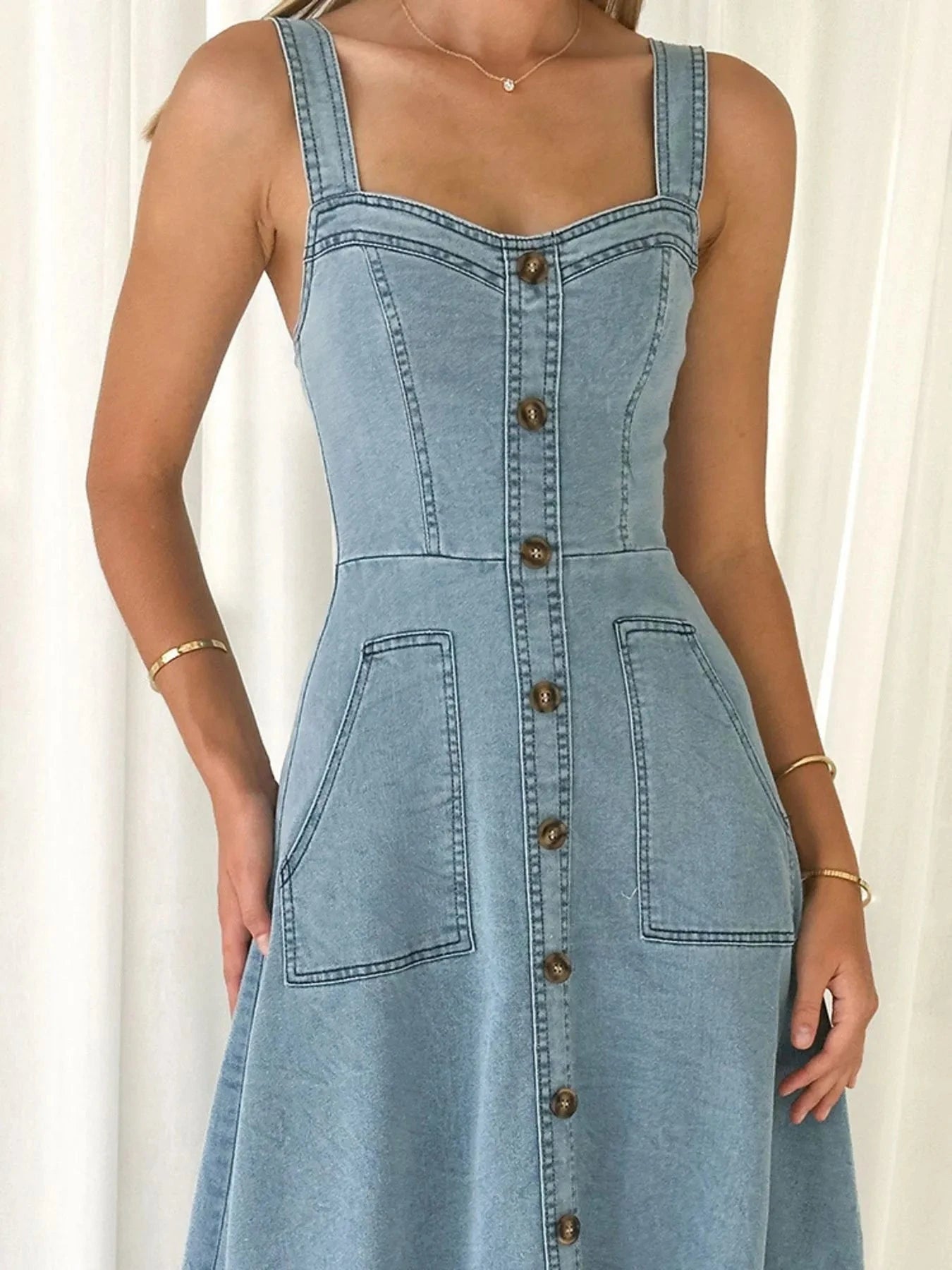 Wide Strap Sweetheart Neck Denim Dress