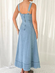 Wide Strap Sweetheart Neck Denim Dress