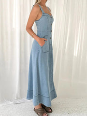 Wide Strap Sweetheart Neck Denim Dress
