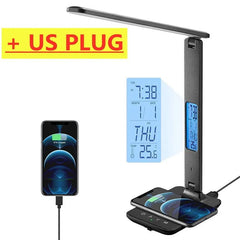 Wireless Charger Pad with LED Desk Lamp, Temperature Alarm Clock, and Eye-Protecting Light - 10W Fast Charging Station Black US PLUG