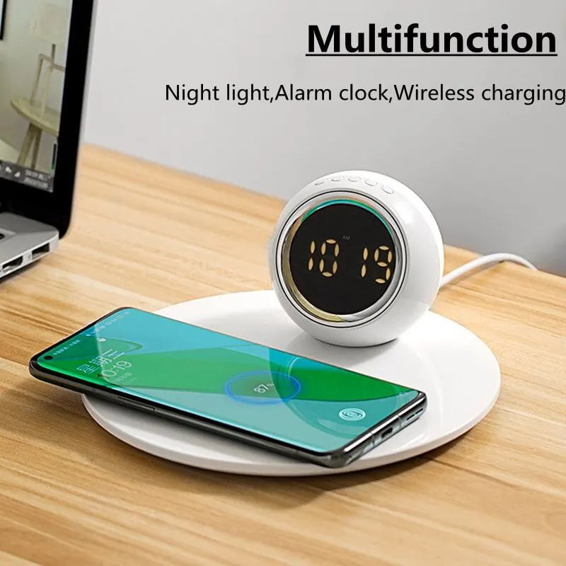 Wireless Charger Stand with Alarm Clock, LED Desk Lamp, Night Light - 15W Fast Charging Dock for iPhone, Samsung, Xiaomi White