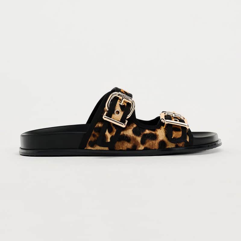 Women's Leopard Print Leather Flat Sandals with Buckle Detail