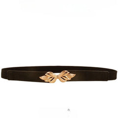 Womens Stretch Elasticated Waist Belt with Gold Flower Buckle black / 70cm