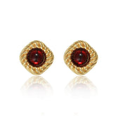 Woven Square-Shaped Gemstone Stud Earrings Maroon / Clip On