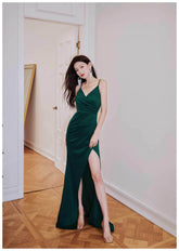 Wrapped Spaghetti Strap High Slit Maxi Dress S / Green