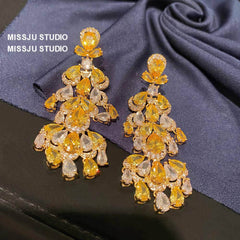 Yellow Crystals Statement Chandelier Gold Earrings Yellow