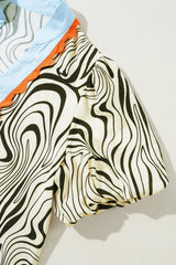 Zebra Stripe Print Contrast V-Neck Ricrac Detail Short Sleeve Blouse Top