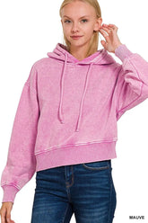 Zenana Acid Wash Fleece Drawstring Cropped Hoodie MAUVE / S