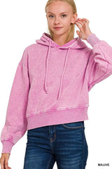 Zenana Acid Wash Fleece Drawstring Cropped Hoodie MAUVE / S