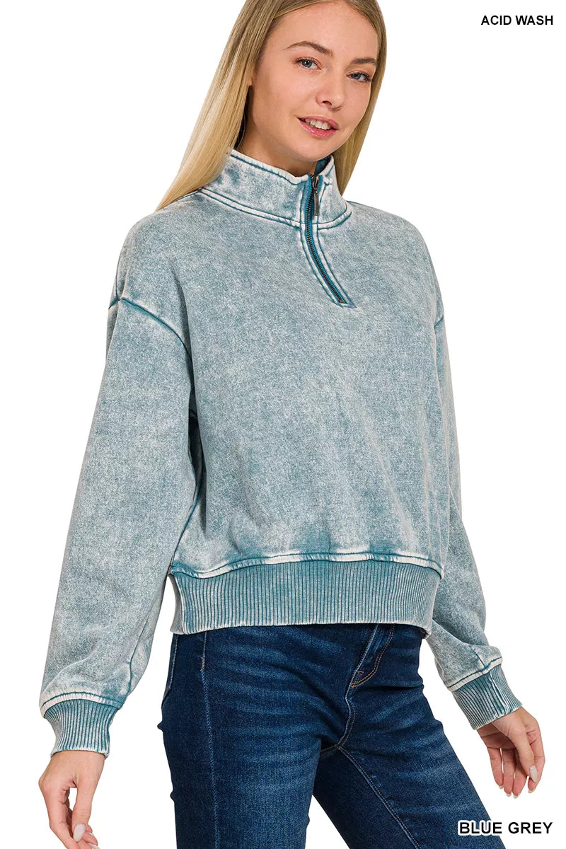 Zenana Acid Wash Fleece Half Zip Sweatshirt