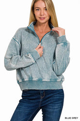 Zenana Acid Wash Fleece Half Zip Sweatshirt BLUE GREY / S