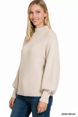 Zenana Balloon Sleeve Mock Neck Sweater