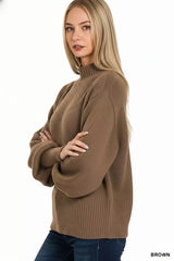 Zenana Balloon Sleeve Mock Neck Sweater