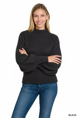 Zenana Balloon Sleeve Mock Neck Sweater BLACK / S