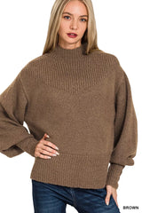 Zenana Balloon Sleeve Mock Neck Sweater BROWN / S