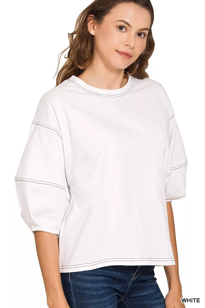 Zenana Balloon Sleeve Top with Contrast Stitching