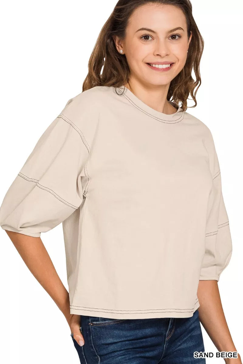Zenana Balloon Sleeve Top with Contrast Stitching SAND BEIGE / S