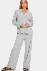 Zenana Button Down Long Sleeve Top and Pants Lounge Set Light Gray / S
