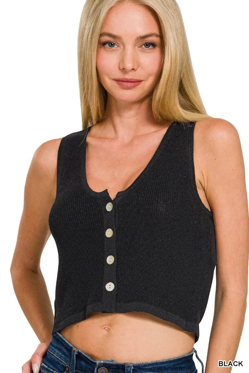 Zenana Button-up Cropped Sweater Vest BLACK / S