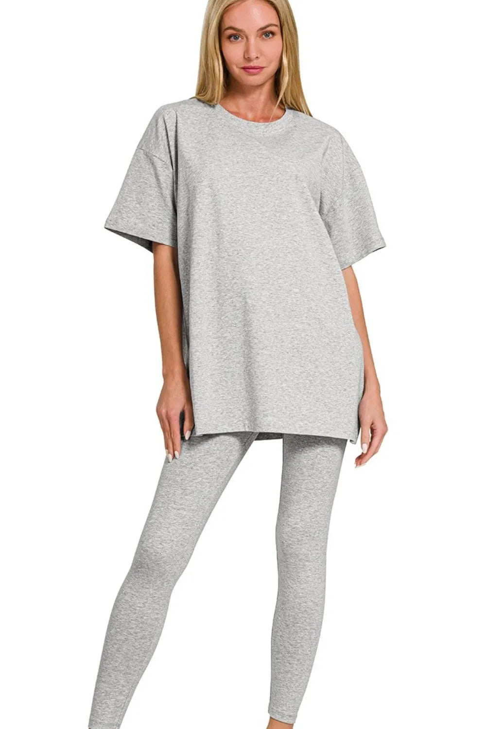Zenana Cotton Round Neck Top & Legging Set H GREY / S