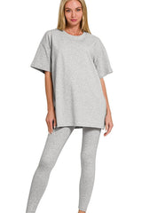 Zenana Cotton Round Neck Top & Legging Set H GREY / S