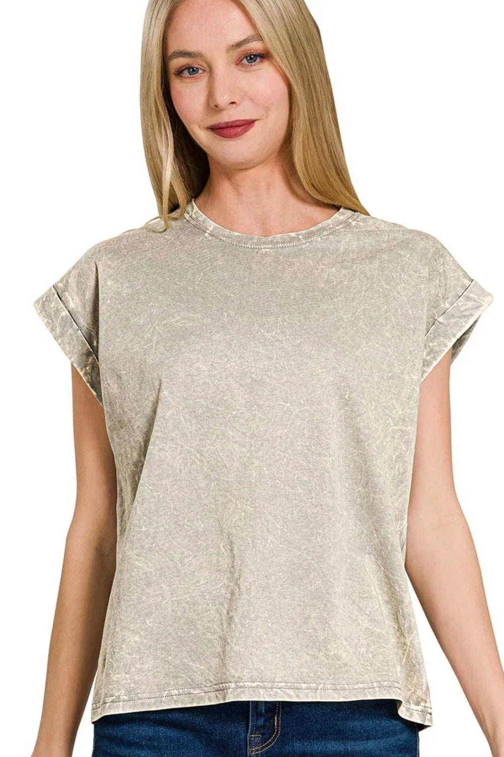 Zenana Crinkle Washed Round Neck Folded Short Sleeve Tee SLEET / S