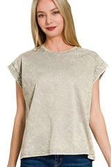 Zenana Crinkle Washed Round Neck Folded Short Sleeve Tee SLEET / S